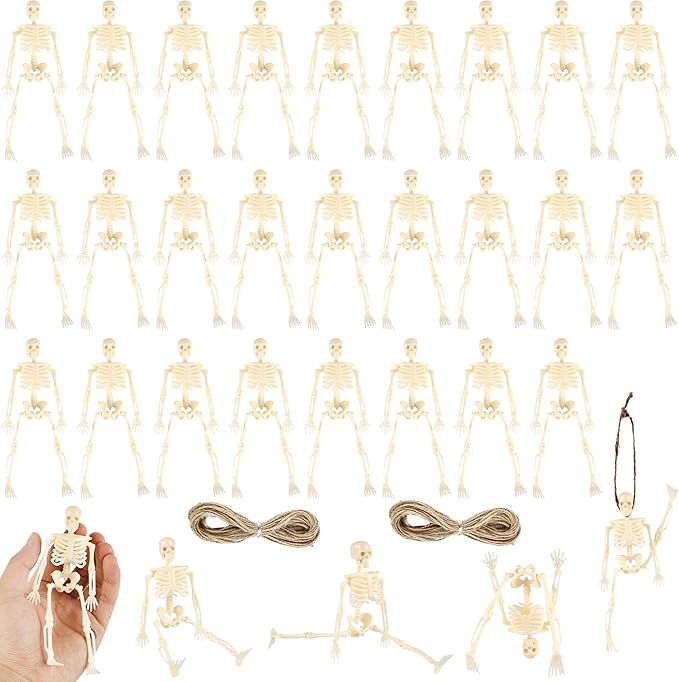 30 Pcs Halloween Mini Skeleton Figurine Decoration 6" Full Body Small Posable Skeletons Plastic Bones with Movable Joints Skeleton Figure for Halloween Garden Graveyard Haunted House Party Decor