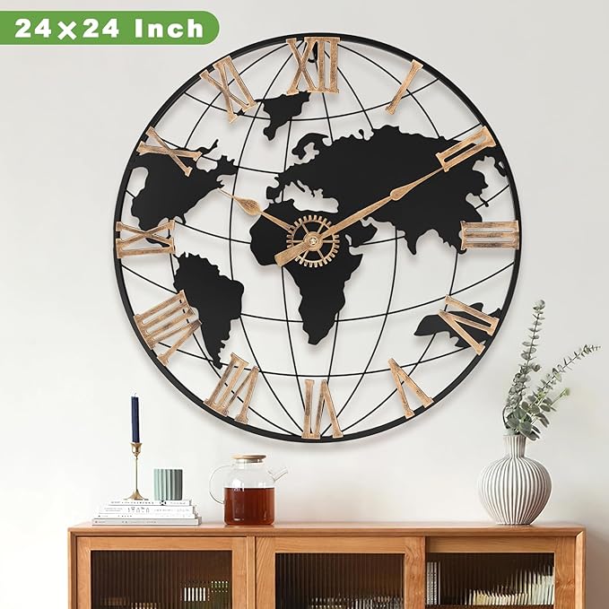 24 Inch Large Wall Clock for Living Room Decor,Big Modern Decorative Silent World Map Metal Wall Clock with Vintage Gold Roman Numeral for Office,Living Room,Kitchen,Dining Room