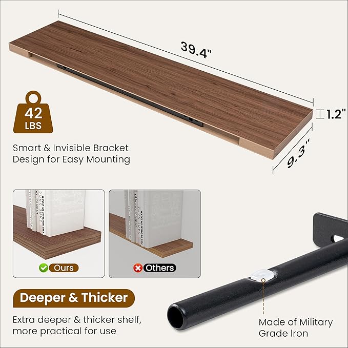 Fun Memories 40" Rustic Wood Floating Shelves with Invisible Brackets for Storage & Decor, Deep Wall Mounted Shelves for Bathroom, Kitchen, Living Room (Walnut, Set of 2)