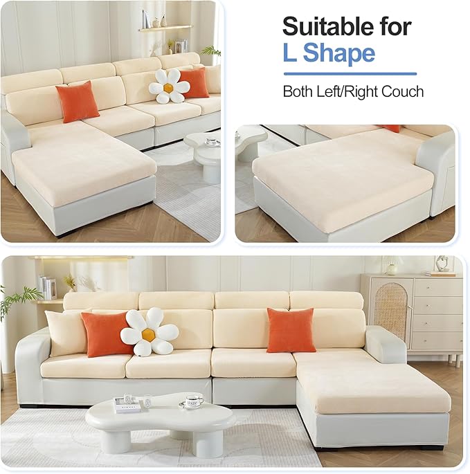 Chaise Cushion Cover for Sectional Sofa, Softer Chenille Sofa Cover for L Shaped Couch (Left or Right Facing), Stretch Chaise Couch Slipcover (Only 1 Piece, Beige)