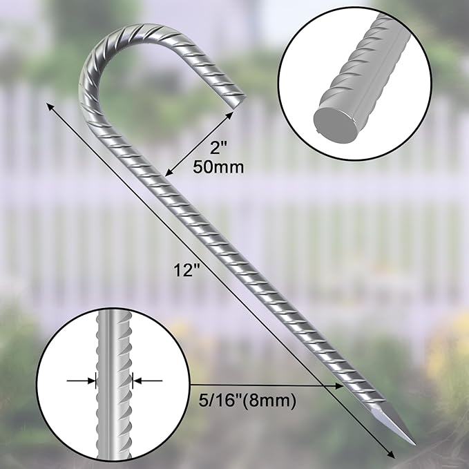 12 Inch Ground Stakes Heavy Duty J Hook 30 Pack Metal Spikes Galvanized Ground Anchors Rebar Tent Stakes for Fence, Bounce House, Gazebos and Outdoor Decorations Inflatables