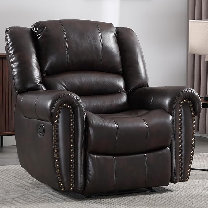CANMOV Leather Recliner Chair, Classic and Traditional Manual Recliner Chair with Comfortable Arms and Back Single Sofa for Living Room, Dark Brown