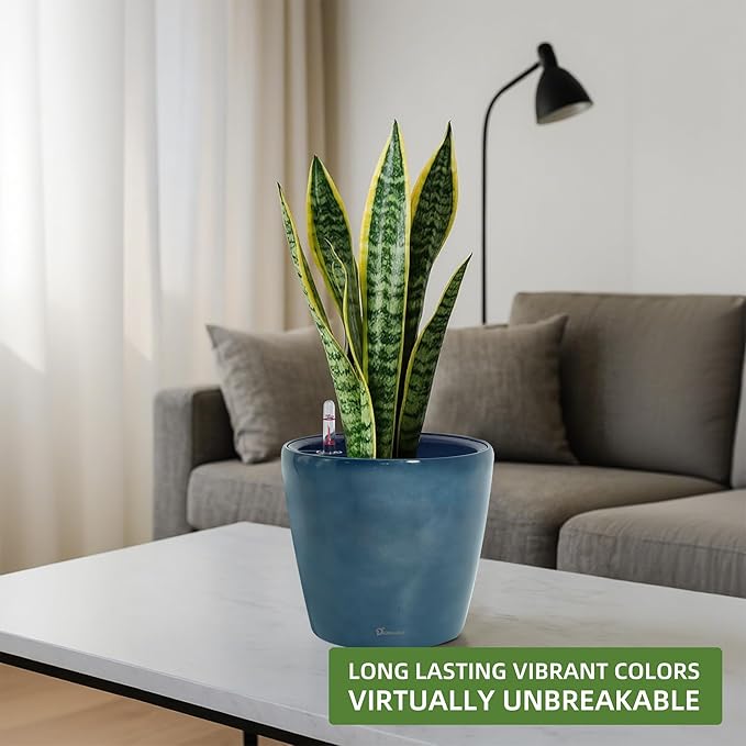 Dexceder 9x8 Inches Self Watering Planter Indoor Outdoor, Inner Pot Design, Thickened Table Flower Plant Pot with Water Level Indicator (Grayish Green Gradient)