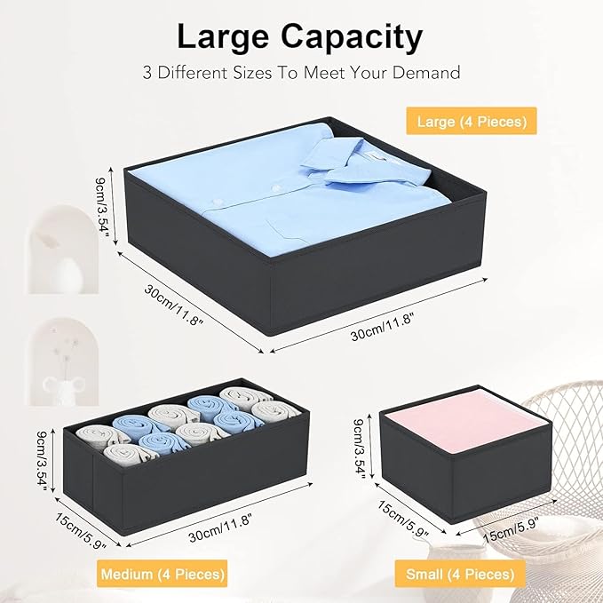 DIMJ Drawer Organizer 15 Pack - Foldable Baby Organizers and Storage & Dresser Organizer for Nursery, Bedroom, Closet - Nursery Organization Dresser Dividers for underwear, Sock,Bra, Belt, Tie，Black