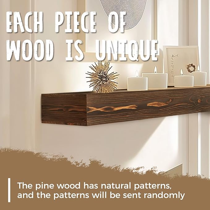 48x8x3 Fireplace Mantel - Handcrafted Hollow Rustic Solid Wood Wall Mounted Floating Shelf with Invisible Heavy Duty Wood Bracket (Weathered Brown)