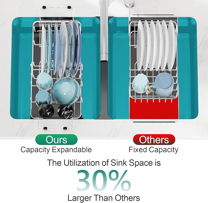 GSlife Expandable in Sink Dish Drying Rack Small with Silicone Mat - Stainless Steel Capacity Adjustable Over The Sink Dish Rack with Utensil Holder for Counter or Inside Sink (12.4" -16.8"), Silver