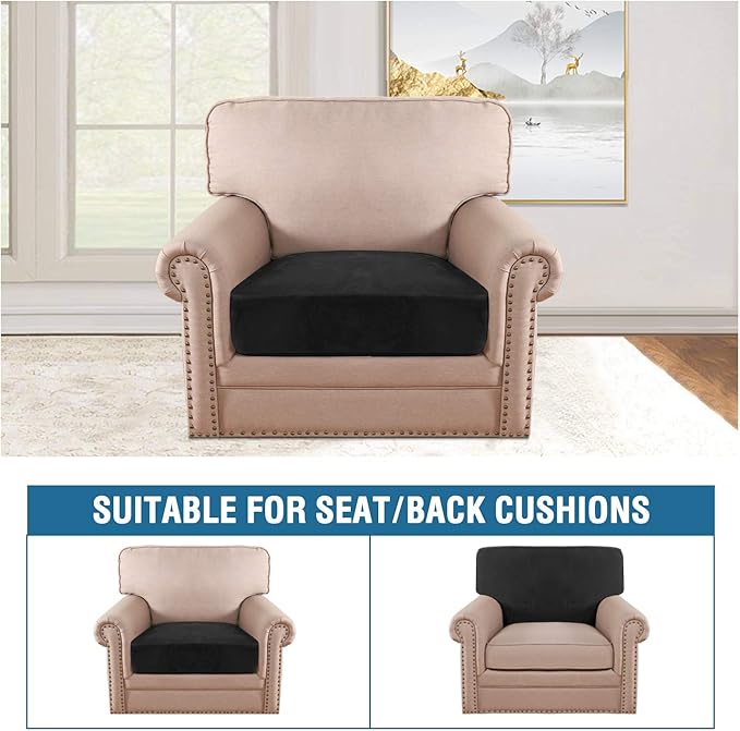 H.VERSAILTEX Velvet Stretch Couch Cushion Cover Plush Cushion Slipcover for Chair Cushion Furniture Protector Seat Cushion Sofa Cover (1 Piece Armchair Cushion Covers, Black)