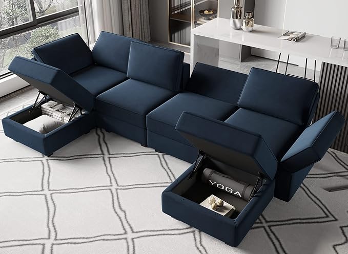 Belffin Modular Sectional Sofa U Shaped Velvet Couch with Reversible Chaise Oversized Couch with Ottoman Blue…
