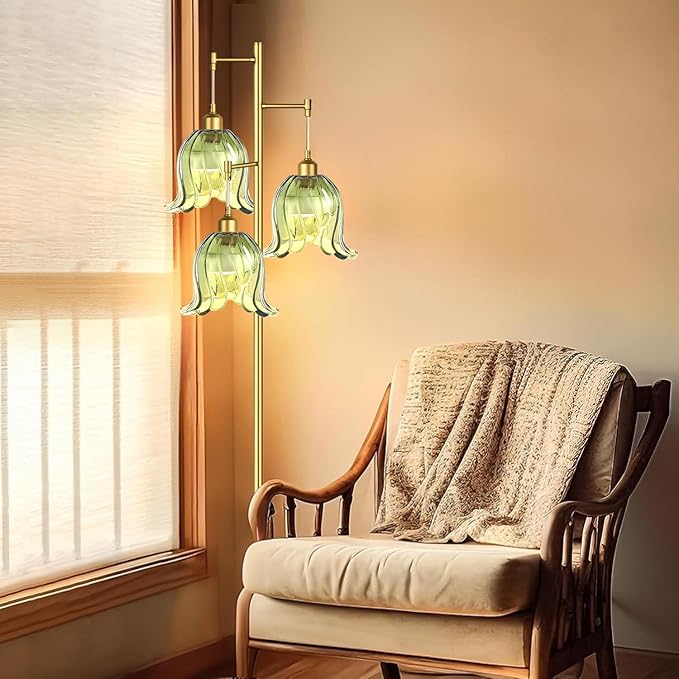 Gold Floor Lamp for Living Room,Bedroom,Tree 3 Light Standing Lamp Mid Century Modern Brass Tall Floor Lamps Vintage Retro Floor Lights Green Glass Flower Lamp Shade Farmhouse Boho Bohemian