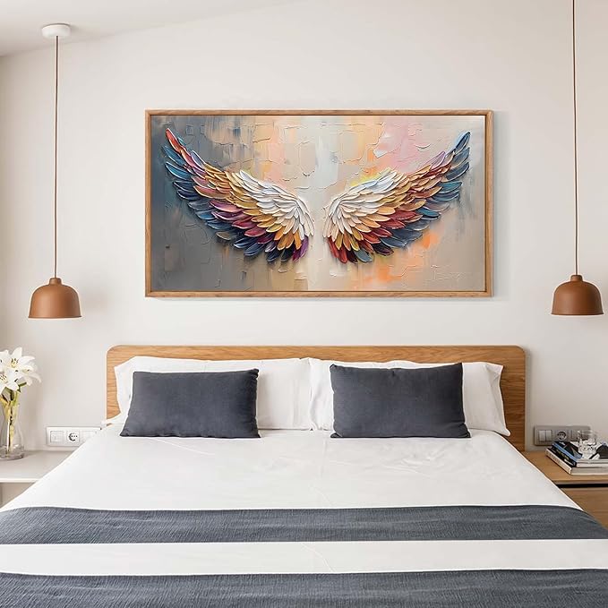Aurlan Angel Wings Hand Painted Framed Wall Decor(40"x20"), Large Abstract Colorful Feather 3D Textured Oil Painting Canvas Artwork, Modern Contemporary Inspirational Wall Art for Living Room Bedroom