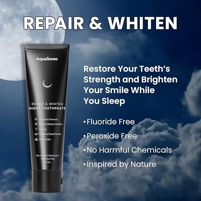 AquaSonic Complete Care Toothpaste - Refresh & Protect Day, Repair & Whiten Night - Fluoride Free Natural, Anti-cavity, Anti-plaque, Reharden, Strengthen, Whiten, Detoxify