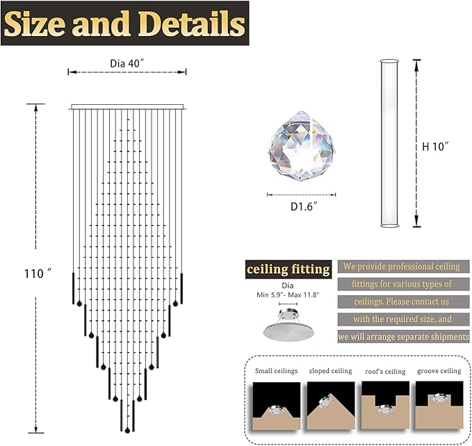 Flashing God D40''X H110'' Modern Foyer Chandeliers for High Ceiling Raindrop Flush Mount Light Fixture for Foyer Crystal Pendant Light Dimmable Lighting with Remote Straircase Fixture