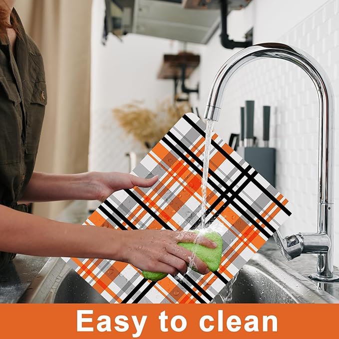 Fall Placemats Set of 6 Fall Orange Black Buffalo Plaid Plastic Table Mats Autumn Thanksgiving Place Mats Halloween Seasonal Table Decoration for Indoor Outdoor Party Kitchen Dining