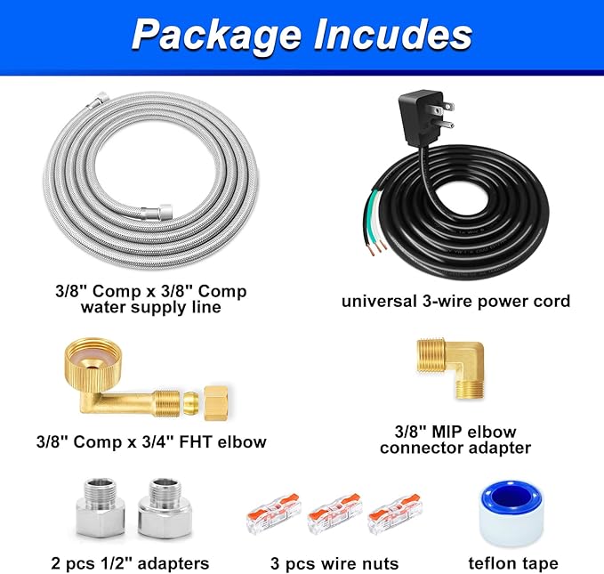 Dishwasher Installation Kit - 10 FT Stainless Steel Dishwasher Hose with 3/8" Compression Connections,Food Grade PEX Inner Tube Dishwasher Water Supply Line with Elbows,Adapters and 6 FT Power Cord