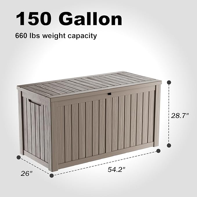 DRATO 150 Gallon Outdoor Storage Box, Large Waterproof Deck Box, Lockable Resin Storage Container with Reinforced Support for Patio Cushions, Garden Tools, UV-Resistant Outdoor Chest