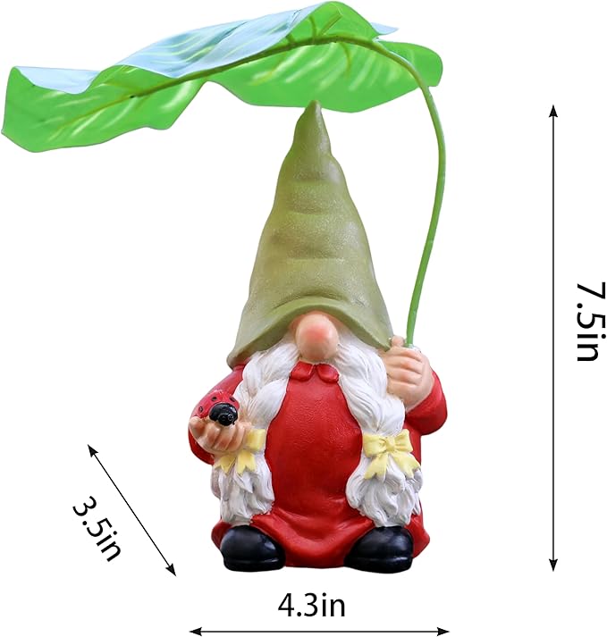 Garden Female Gnome Statue Decoration with Leaf Umbrella, 7.5” Figurine Ornament for Indoor Outdoor Home Patio Yard Lawn, for Gnome Lovers & Garden Enthusiasts，Mom，Women