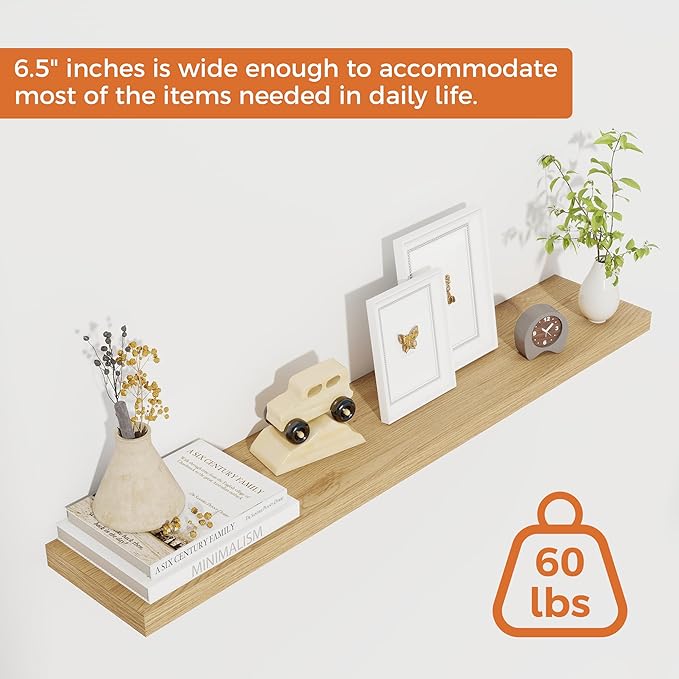 Fun Memories Floating Shelves for Wall, 36" Rustic Wood Deep Wall Mounted Shelves with Invisible Brackets for Decor & Storage, Floating Shelf for Living Room, Bathroom (Oak, Set of 2)