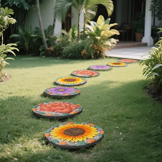 Decorative Rose Garden Stepping Stone - Stepping Stones Outdoor with Colorful Pebble Border, 10x10 inches