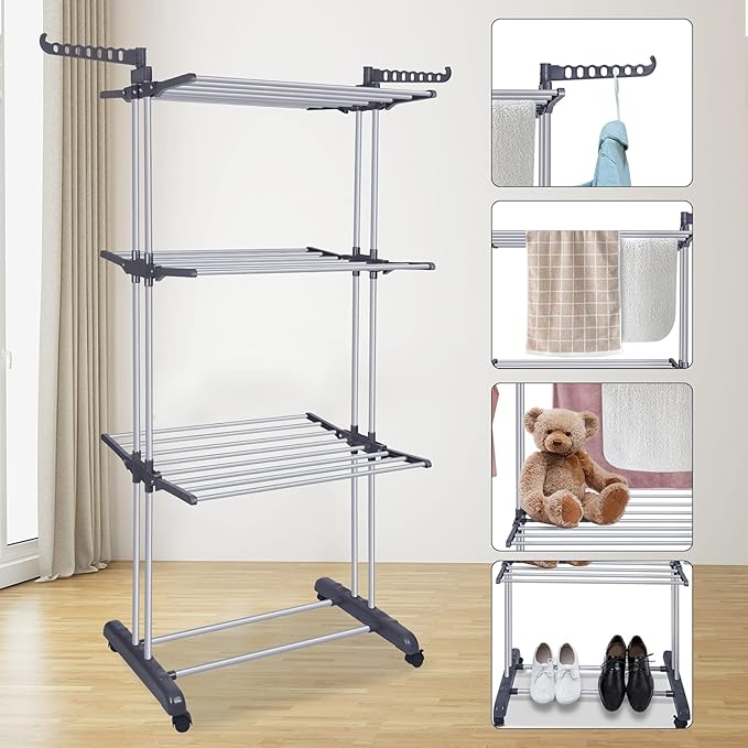 Bigzzia Clothes Drying Rack Folding Drying Rack Clothing 4 Tier Clothes Horses Rack Stainless Steel Laundry Drying Rack with Two Side Wings Grey