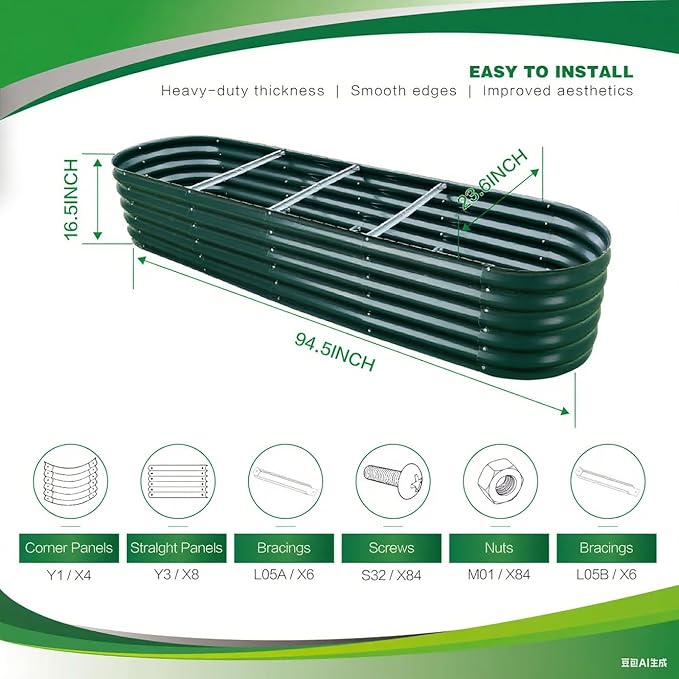 Gardmax Galvanized Raised Garden Bed, Lightweight Planter Boxes Outdoor with Easy Assembly, Large Garden Bed for Vegetables, Fruits, Flower Dark Green 8FT