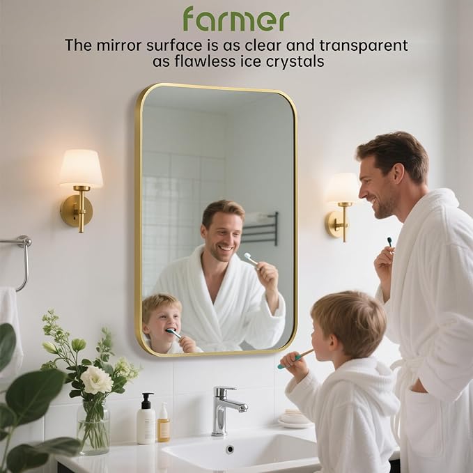 FARMER 20x28 Inch Gold Bathroom Mirror, Rectangle Vanity Mirror, Brushed Mirrors for Wall, Metal Frame Hanging Mirror with Round Corner for Bedrooms, Entryways, Living Rooms, Horizontal/Vertical