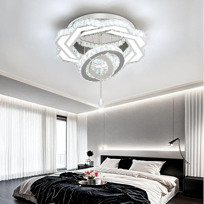 Flashing God Modern Crystal Chandeliers Dia 24" Silver Chandelier Flush Mount Ceiling Light for Bedroom Living Room Dining Room Hallway Dimmable 3 Rings LED Celing Lighting Fixtures