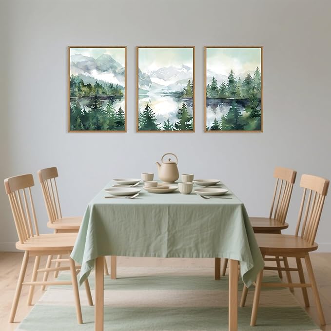 Celestdeco Watercolor Mountain Framed Canvas Wall Art Set, Boho Forest Wall Decor, Nature Green Pines Wall Painting, Forest Wilderness Artwork for Living Room, Bedroom, Dining Room, Office - 24"x36"x3