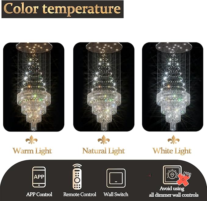 D32''X H100'' Large Crystal Chandelier Lighting, Modern LED Round Raindrop Flush Mount Ceiling Light Fixture for Hotel Staircase Hallway Modern Crystal Chandelier Suitable for Sloping Ceiling