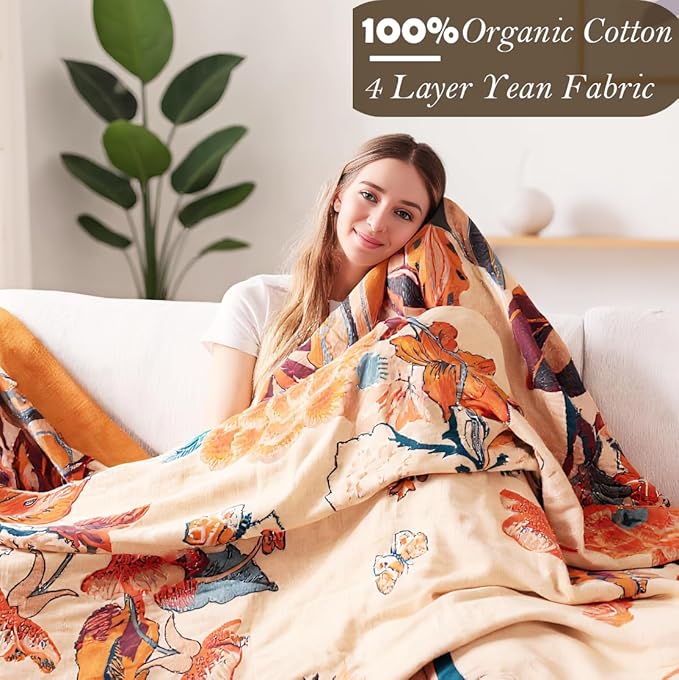 Boho Throw Blanket, 100% Organic Cotton Breathable Soft Lightweight All Season Rustic Bed Throw - Floral Bird Farmhouse Decor Blanket for Sofa Couch Chair Quilt and Gift. 60" x 80"