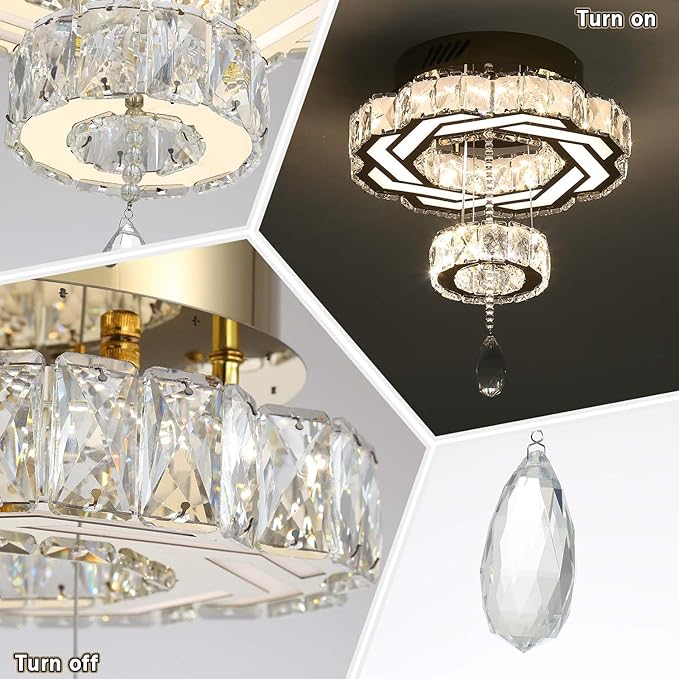 Flashing God 16 Inch Mini Chandelier Modern Crystal Chandeliers Light Semi Flush Mount Ceiling Light Fixture Small Gold Chandelier for Bedroom Hallway Kitchen Foyer