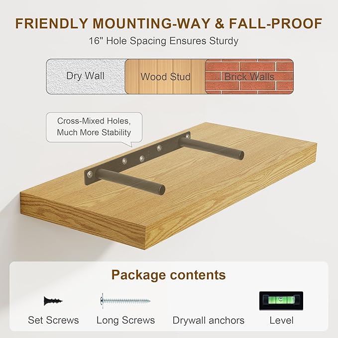 Floating Shelves for Wall, 8 Inch Deep Floating Shelves, 24"W x 8"D Wall Shelves Set of 2, Rustic Wood Floating Shelf for Home Decor, Deep Storage Shelves for Kitchen, Bedroom, Living Room