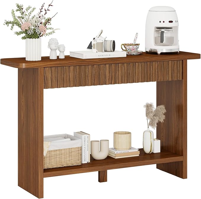 BECHAEO Mid Century Modern Console Table with Drawers, 51" Large 2-Tier Narrow Console Table with Storage Shelf, Sofa Station Behind The Couch, Accent Tables for Entryway, Hallway, Rustic Brown
