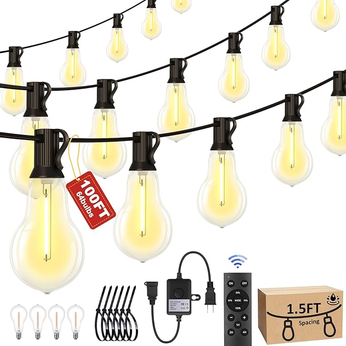 100FT Outdoor String Lights Waterproof with 64+4 Bulbs (1.5FT Bulbs Spacing), Remote & Dimmer, Commercial Patio String Lights with 3 Mode Light & Timing, 100PC Mounting Ties for Outside