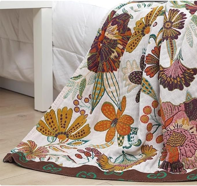 Boho Muslin Blanket for Adults 4-Layer Gauze Twin Size Soft Cozy 100% Cotton Summer Cooling Blanket Colorful Floral Decor for Sofa Bed Coverlet Both Sides (A Summer Floral, Twin 60 x 80 in)