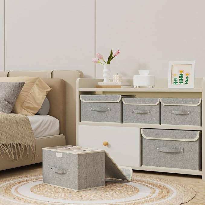 Fabric Storage Bins Cube Organizers with Flip-Top Lid and Handles,Storage Boxes for Organizing Home,Office,and Closet,Grey,3 Pack 15 x 9.8 x 9.8 in