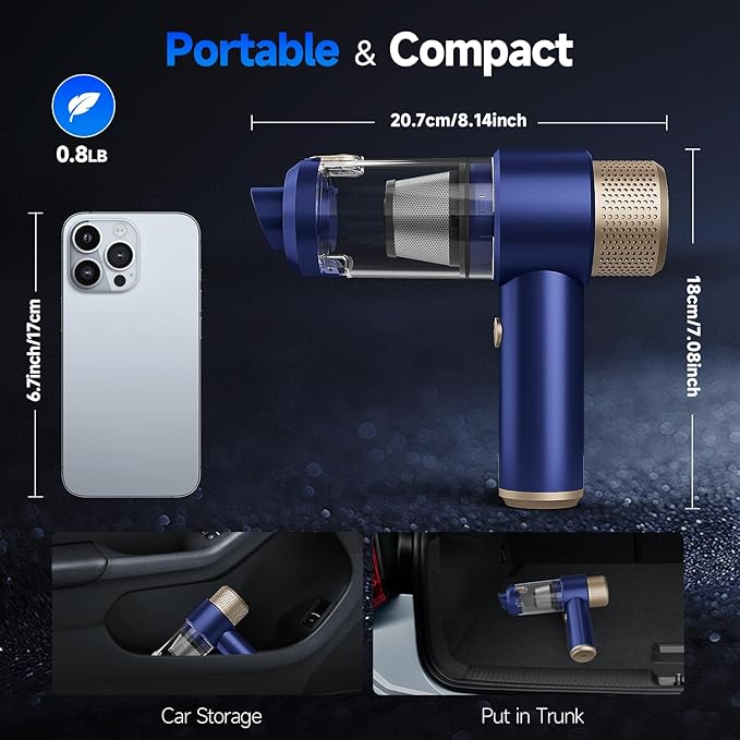 Car Vacuum Cleaner, 16000PA Mini Car Vacuum Cordless Powerful, 7 in 1 Portable Handheld Vacuum Cordless with LED Light, Dual Filters, One-Touch Empty for Pet Hair, Home, Office