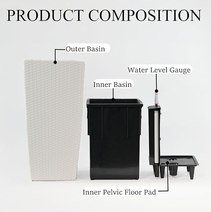 2Pcs 23in High Large Plant Pots Planter-Self-Watering,Modern Planter with Drain Holes,Water Level Monitor,Inner Bucket for Indoor/Outdoor Front Porch Patio,White Rattan