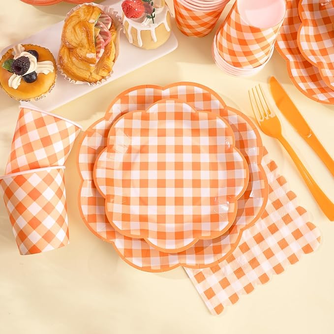 350 Pcs Orange and White Gingham Party Supplies - Orange Gingham Paper Plates and Napkins Sets Serve 50 - Scalloped Checkered Plates for Birthday Picnic Fall Halloween Thanksgivng Party Decorations