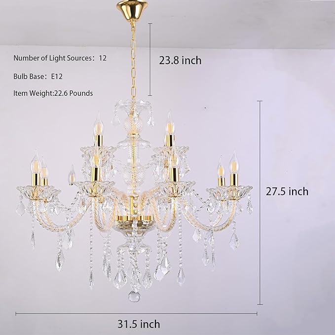 Contemporary Crystal Chandelier 12 Lights Clear Crystal Ceiling Lights for Living Room，E12 Base Double Layered Pendant Light Fixture for Dining Room Staircase, Hallway
