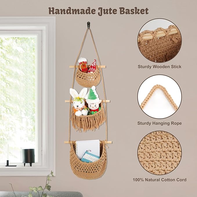 3 Tier Hanging Fruit Basket for Kitchen, Handmade Woven Cotton Hanging Wall Basket for Fruit Vegetable with 6 Hooks, Boho Style Over The Door Organizer for Living Bathroom Bedroom