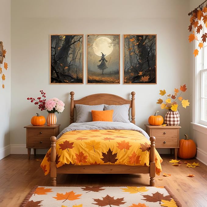 Aurlan Moonlight Witch in The Maple Forest Framed Wall Art(16"x24"), 3PCS Vintage Magical Witchy Gothic Halloween Canvas Artwork, Dark Academia Mystical Midnight Landscape Decor for Home Office Bedroom