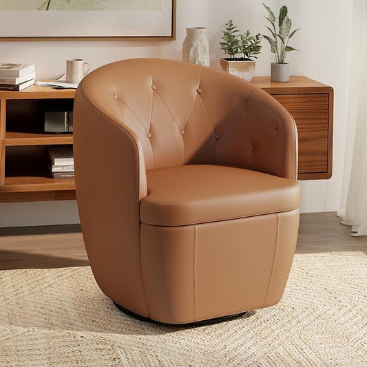 360° Swivel Leather Accent Chair, Modern Barrel Club Chair with Leather Upholstery and Sturdy Base, Comfortable Armchair for Living Room, Bedroom, Reading Nook, Brown