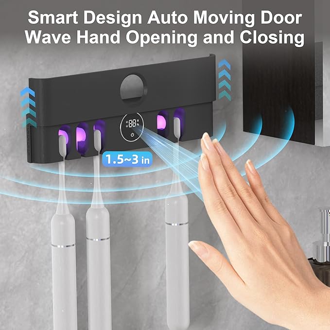 Electric Toothbrush Holder and Cleaner Auto Cleaning and Drying Toothbrushs in Circle Wall Mounted for Bathroom Accessory Auto Open/Close Cover Rechargeable Home Gadgets