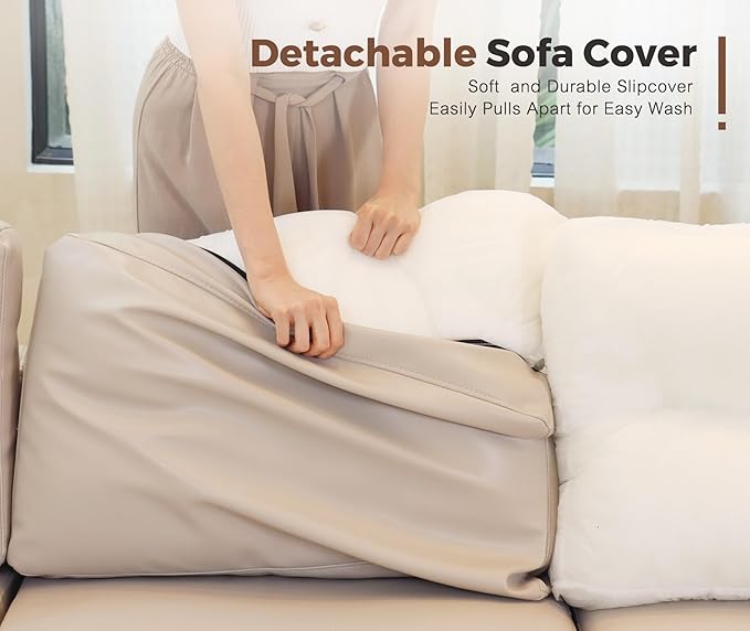 91.5" Faux Leather U Shaped Modular Sectional Sofa, 5 Seater Couch with Movable Ottoman Deep Seat and Storage Seat with Removable Cover for Living Room, Apartment - Whitesand