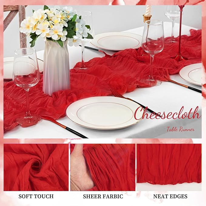 12 Pack Red 10FT Cheesecloth Table Runner Rustic Gauze Fabric Cheese Cloth Table Runner for Wedding Bridal Baby Shower Table Decor Boho Sheer Birthday Party Table Decorations 20 x 120 Inch Long