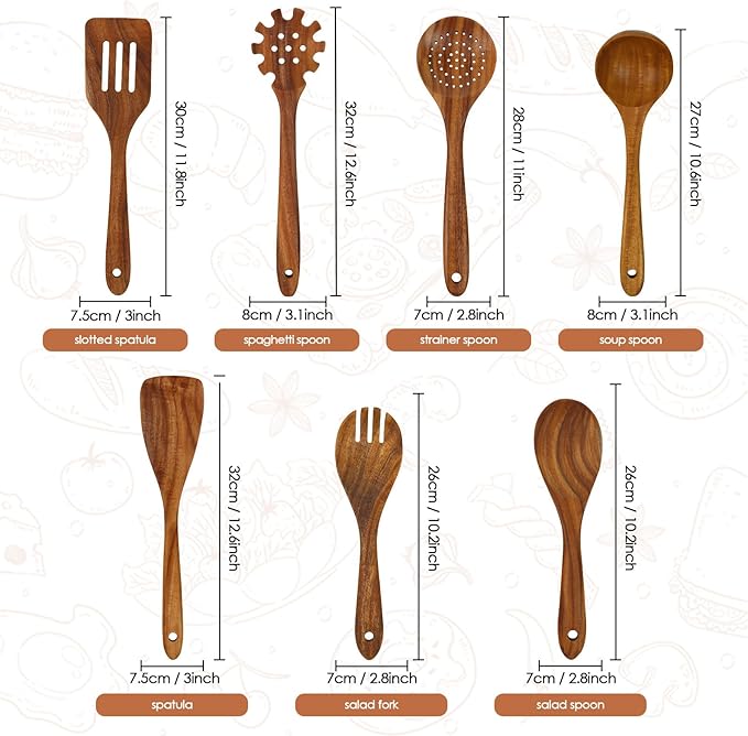 comfoyar Teak Wooden Spoons for Cooking, 7 Pieces Kitchen Cooking Utenails Set with Spatula and Ladle, Heat Resistant Kitchen Cookware for Nonstick Pan