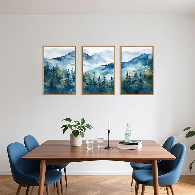 Celestdeco Blue Ridge Mountains Forest Framed Canvas Wall Art Set, Natural Landscape Wall Decor, Green Pine Trees Wall Painting, Woodland Artworks for Living Room, Bedroom, Dining Room - 24"x36"x3