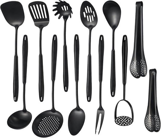 304 Stainlss Steel Matte Kitchen Utensils Set, 12 Pcs Long Metal Cooking Utensil Gadgets Tools Set with Spatula, Ladle, Spoon, Ladle, Skimmer, Tunner, Pasta Server, Tongs(Black, Dishwasher Safe)
