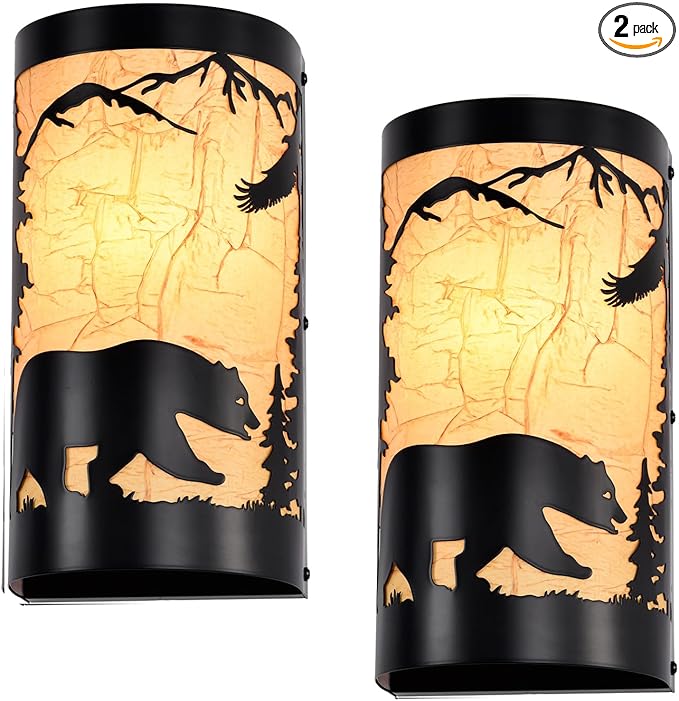 Black Wall Sconces Set of Two,Bear Metal Yellow Parchment Rustic Wall Sconces,Farmhouse Hallway Wall Light Fixtures,Industrial Wall Mount Lamp,Indoor Wall Lamps for Living Room,Bedroom,Porch