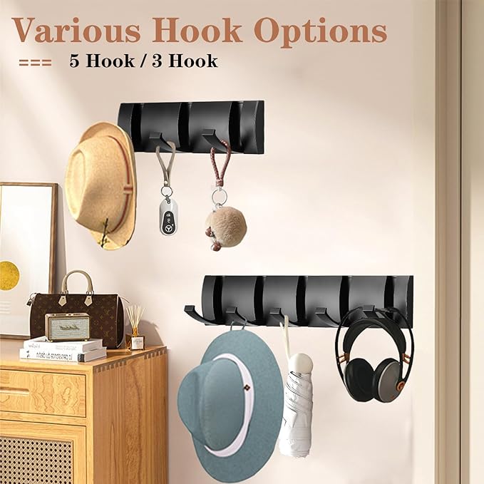 Folding Coat Hooks, Wall Mounted Coat Rack with 3 Retractable Hooks, Heavy Duty Towel Rack for Bathroom Wall Hook for Hanging Clothes Bathrobe, Stainless Steel Coat Hanger for Entryway(Black)